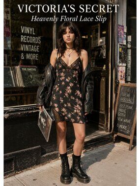 Victoria's Secret Heavenly Sz S Black Floral Lace Slip Dress Chemise Romantic Go